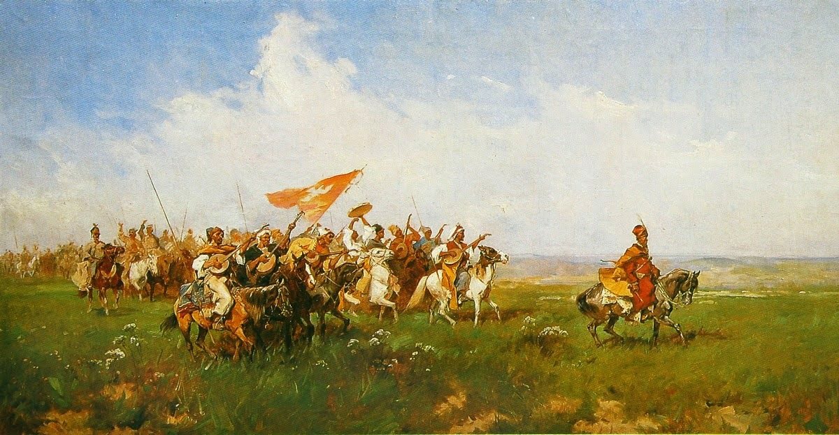 Obraz przedstawia konny oddział kozaków na stepie. Na czele jedzie dowódca, za nim chorąży oraz orkiestra, dalej oddział kozaków.