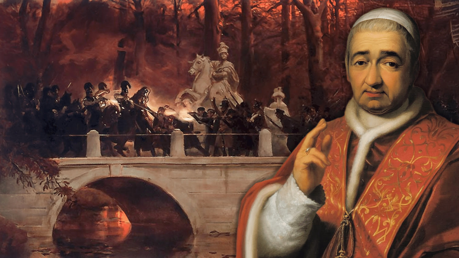 Na grafice Grzegorz XVI na tle walk powstańczych w Warszawie.