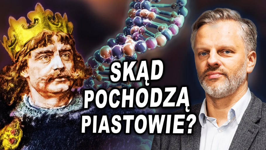 Skąd pochodzą Piastowie? - miniatura nagrania, na grafice po lewej Bolesław Chrobry, po prawej Łukasz Lubicz-Łapiński, po środku grafika przedstawiająca DNA oraz napis z tytułem nagrania
