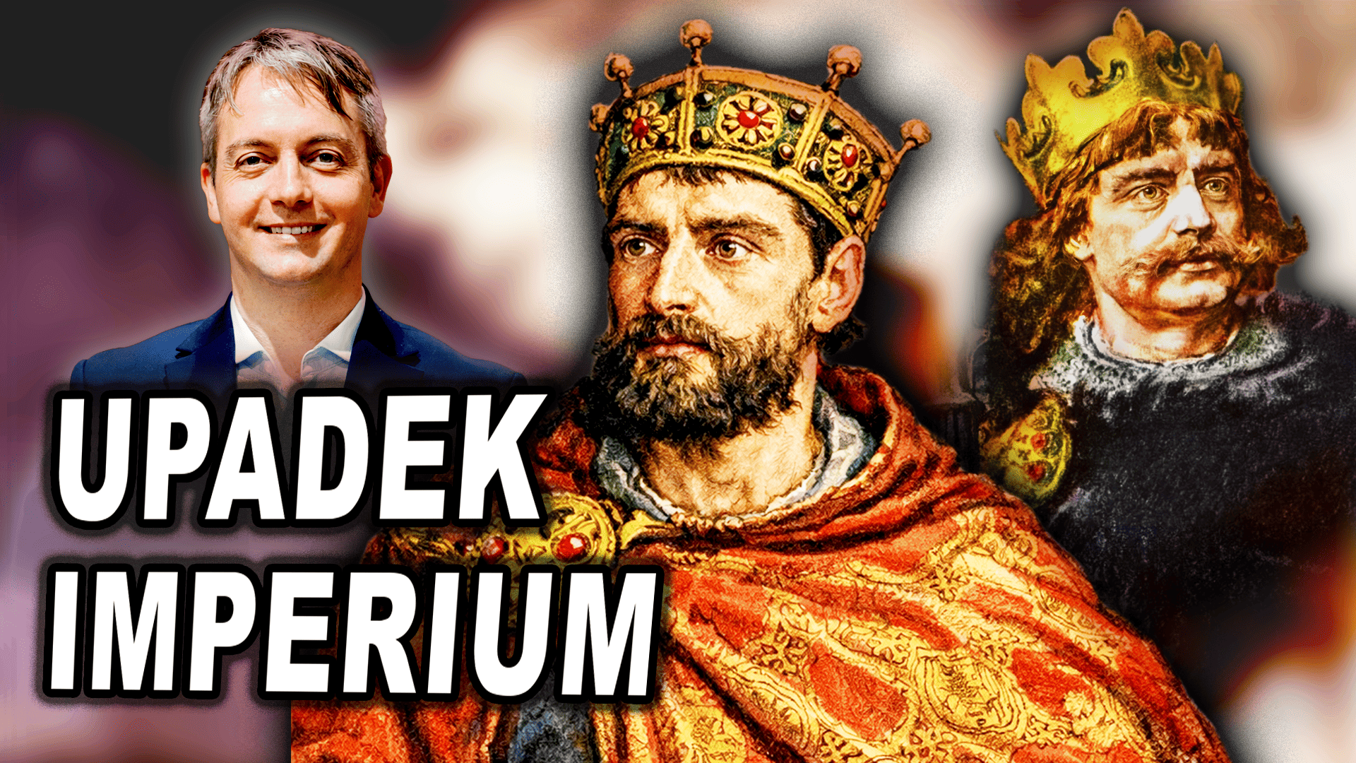 Na grafice od lewej znajduje się autor nagrania, wizerunek Mieszka II oraz wizerunek Bolesława Chrobrego. Pod zdjęciem autora znajduje się podpis miniatury "Upadek imperium".