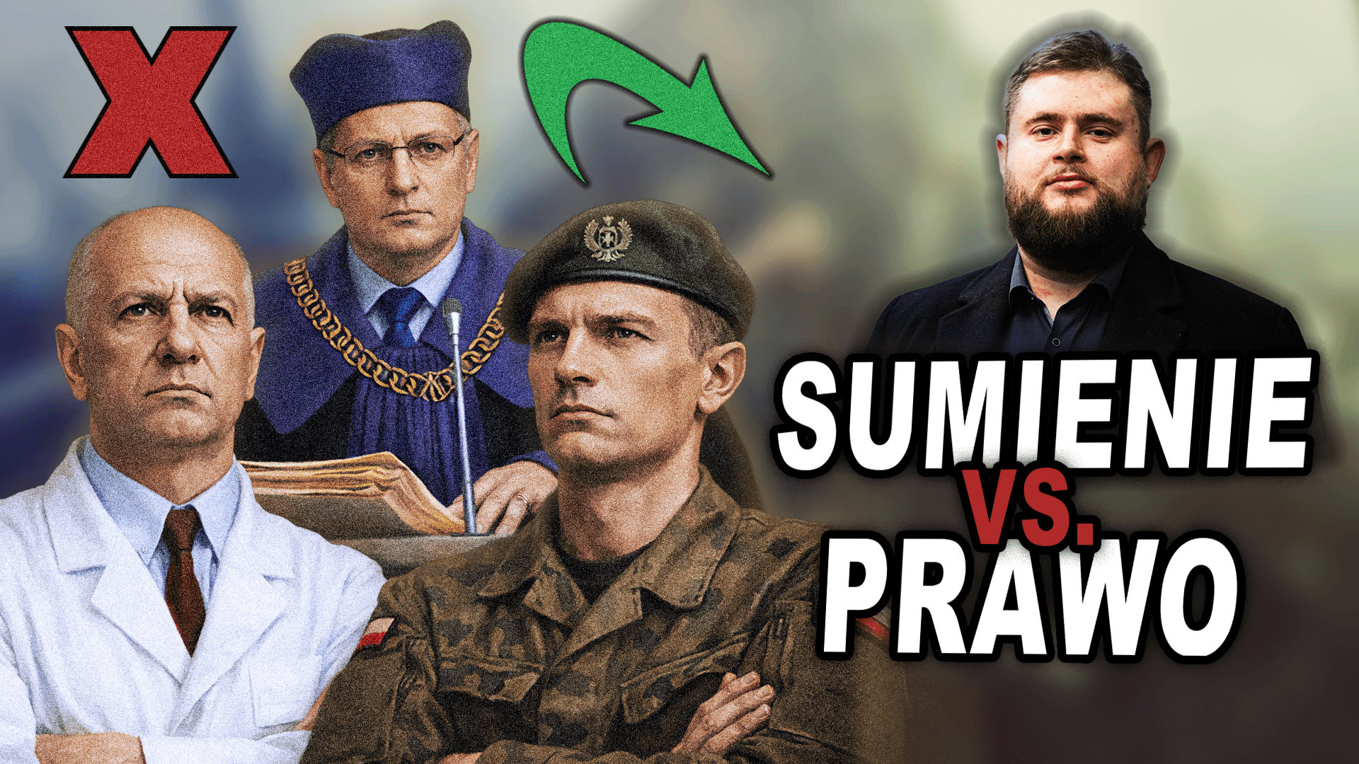 Klauzula sumienia - ilustracja do filmu, po prawej autor oraz podpis "sumienie vs prawo" po lewej postacie lekarza, sędziego oraz żołnierza